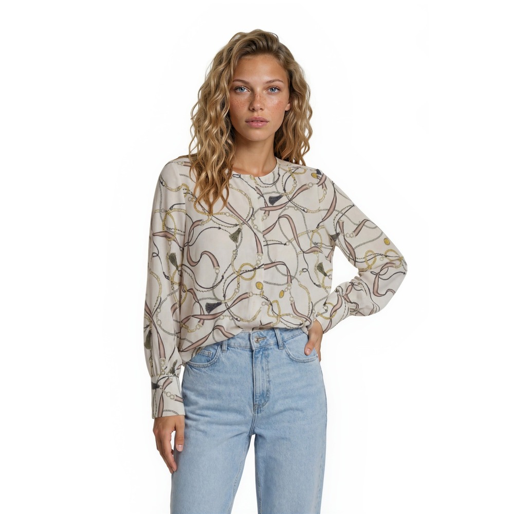 Ann Taylor Equestrian Blouse Women's Size Large White Chain Belt Print Too